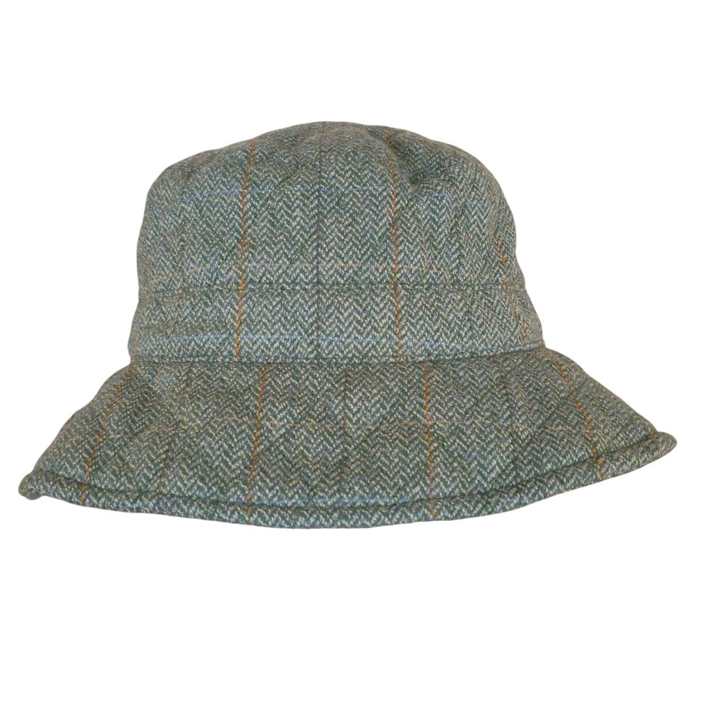 Barbour H8002 Quilted Tweed Wool Bucket Hat Green Herringbone Plaid